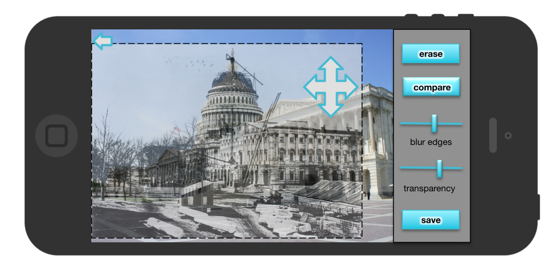 Overlaid on an iphone image, a contemporary image of the capitol building is superimposed with a historical image of the building being built. Editing tools appear on the right.